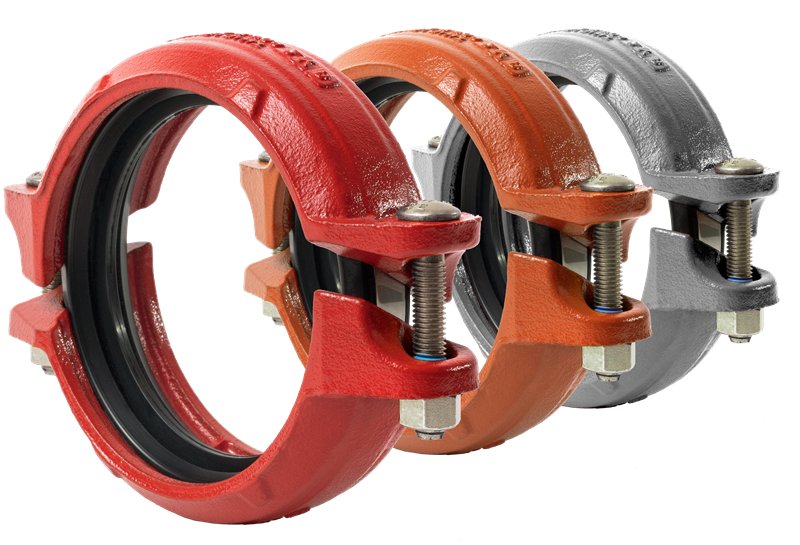 Three types of Shurjoint groove couplings in red, oriange and galvanised